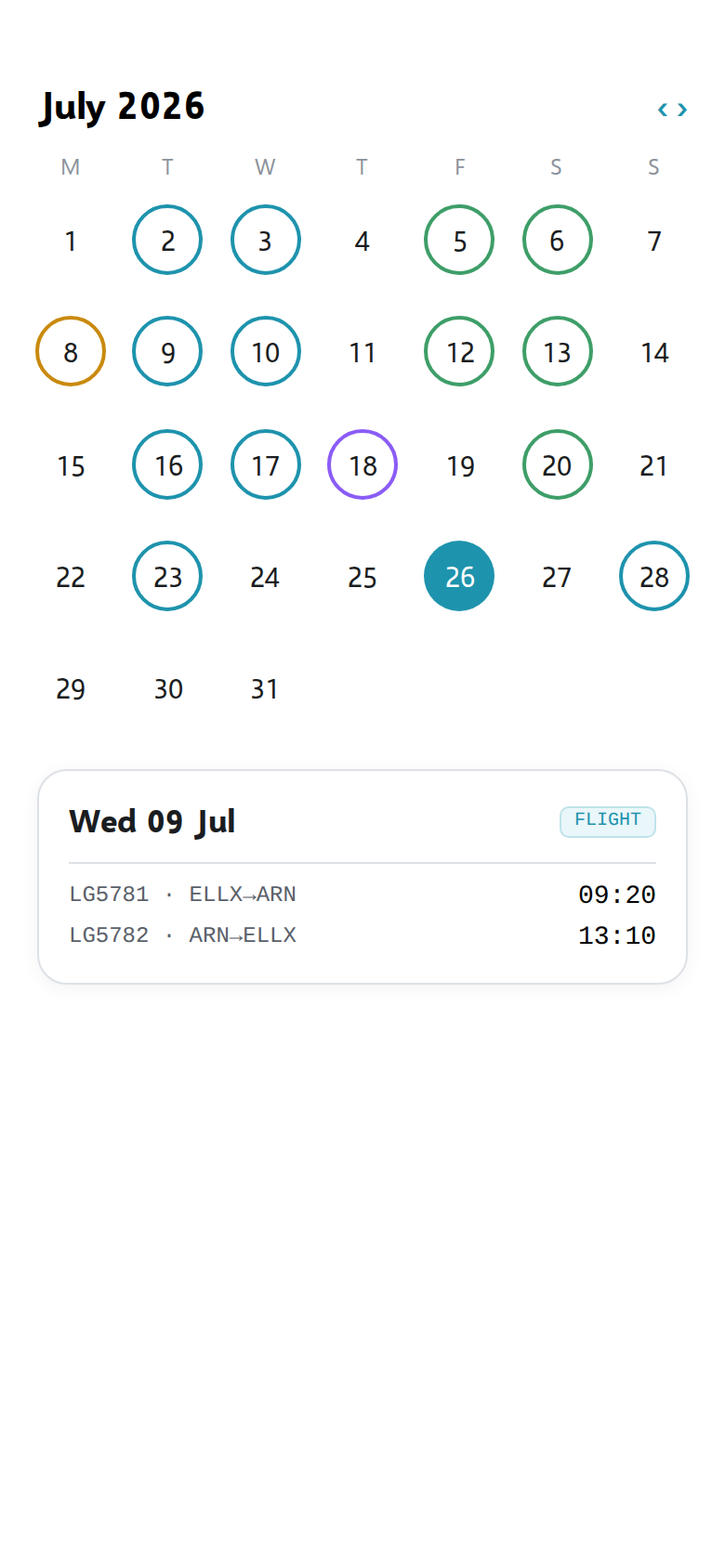 Month calendar with colour-coded duty rings