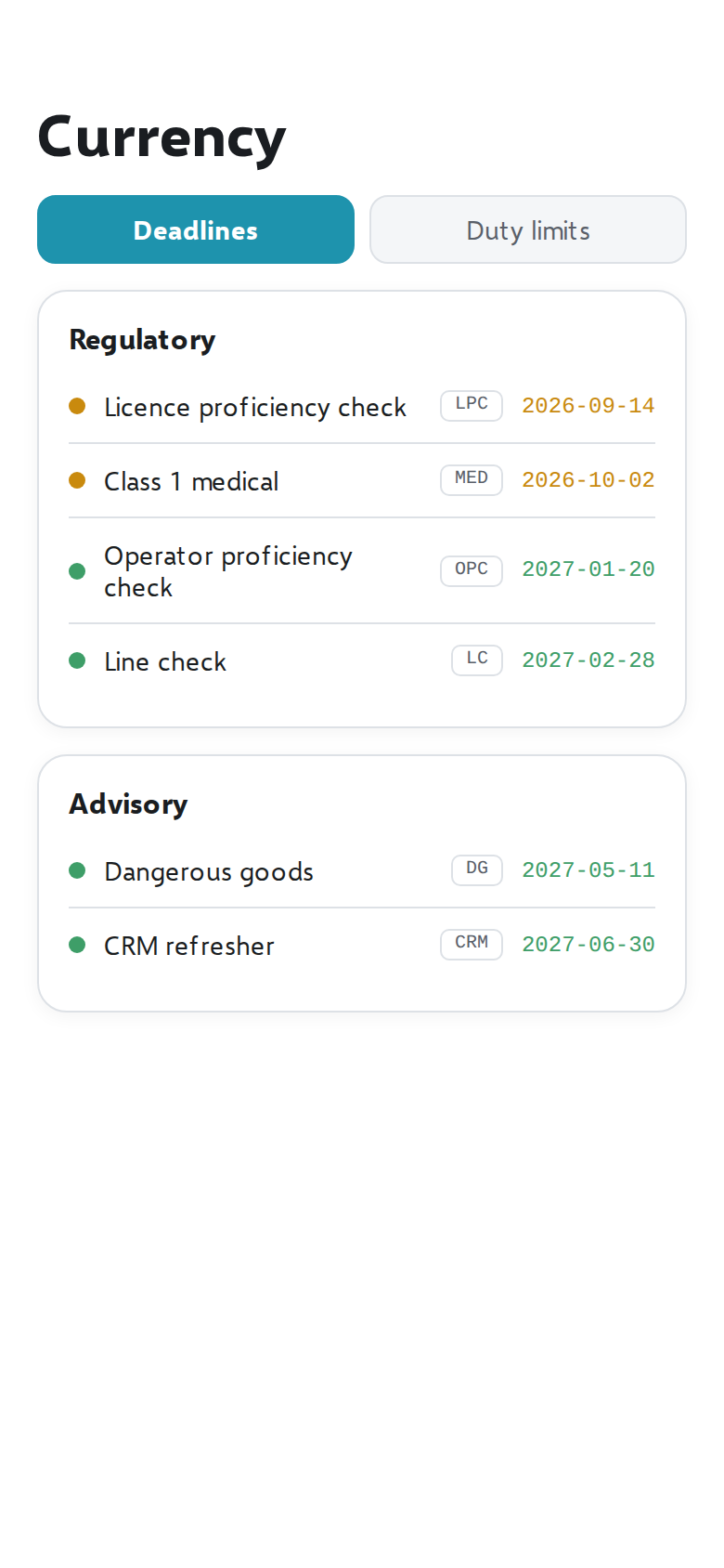 Deadlines screen