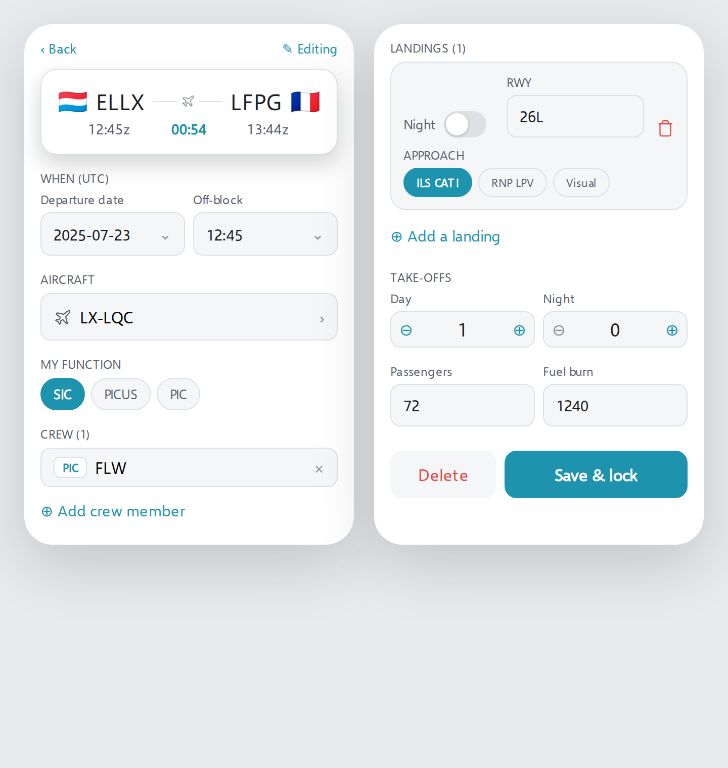Flight editor: route, crew, take-offs, landings, fuel